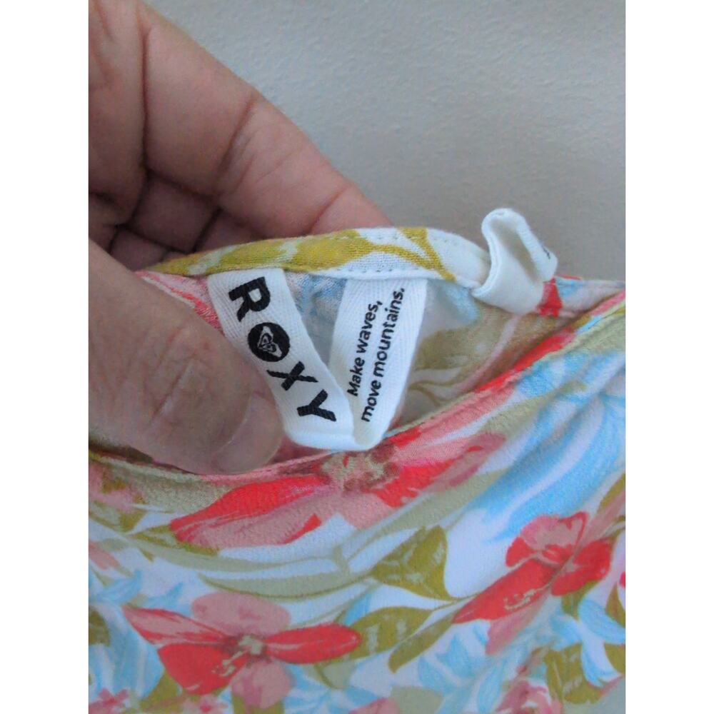 Roxy Floral Maxi Dress Large 12 Blue Coral Tropical Ruffle Strap Boho - Picture 3 of 5